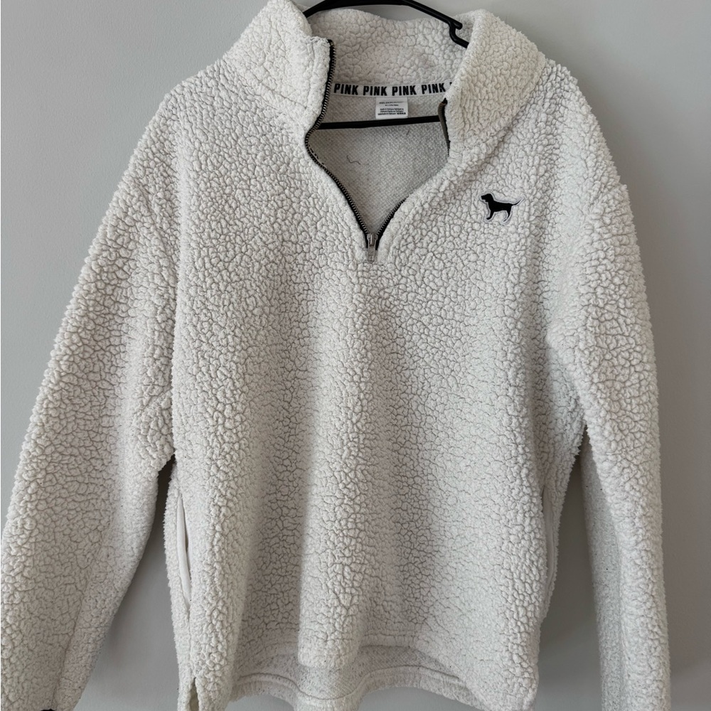 Victoria's Secret PINK Ivory Sherpa Pullover with Black Logo Trim